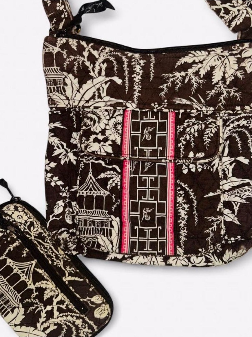 Vera Bradley Brown Floral Quilted Crossbody With Pink Accents